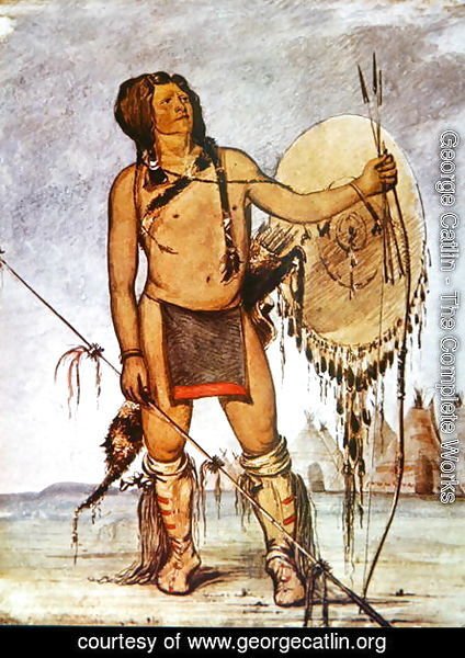 George Catlin - Comanche warrior with a shield, lance and bow and arrows, c.1835