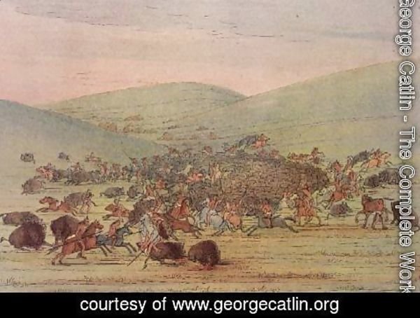 George Catlin - Minatarees attacking buffalo on horseback