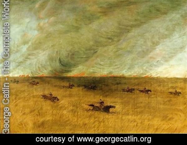 George Catlin - Fire in a Missouri Meadow and a Party of Sioux Indians Escaping from It, Upper Missouri