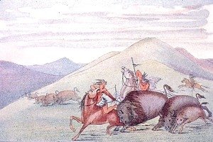 George Catlin - Buffalo bull protecting calf and mother under attack