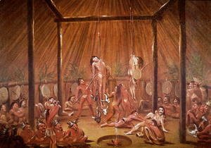 The O-Kee-Pa self-torture religious ceremony of the Mandan tribe, from a painting of c.1835